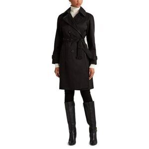 New Lauren Ralph Lauren Belted Double Breasted Trench Coat in Black Size Large